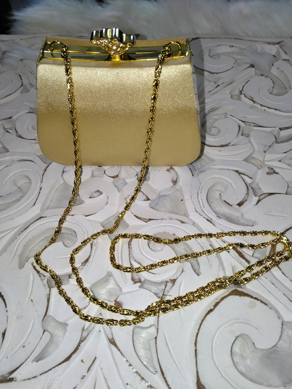 Jessica McClintock Gold Satin Evening Clutch with Chain